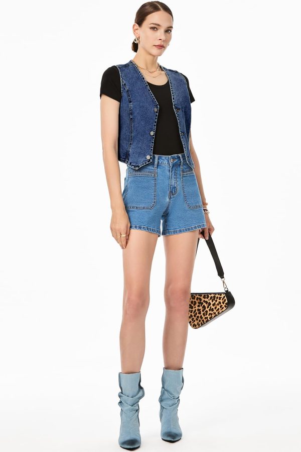 Women's Denim Vest Sleeveless V Neck Zimbaplatinum Jean Vest Top Button Down Crop Waistcoat Vest Summer Outfit