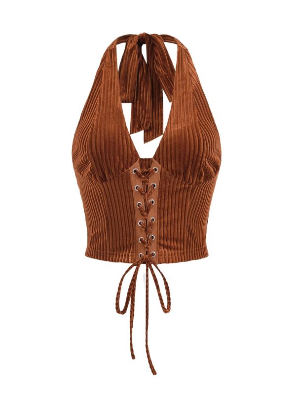 Women's Going Out Halter Corset Tops Sleeveless Lace Up Open Back Crop Top