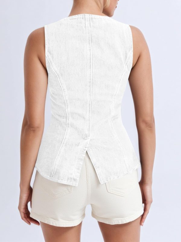 Womens Button Down Denim Vest Trendy Fitted Sleeveless Jean Tank Tops Crew Neck Waistcoat