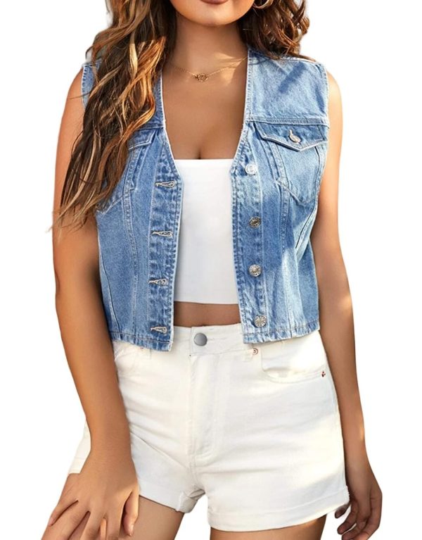 Women's Cropped Denim Vest Top Casual V Neck Button Down Sleeveless Jean Jacket Waistcoat