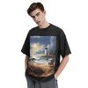 Oversized Tshirts for Men Vintage Cotton T-Shirts Sea Lighthouse Sandbeach Short Sleeve Tees Loose Fit Tees Shirts