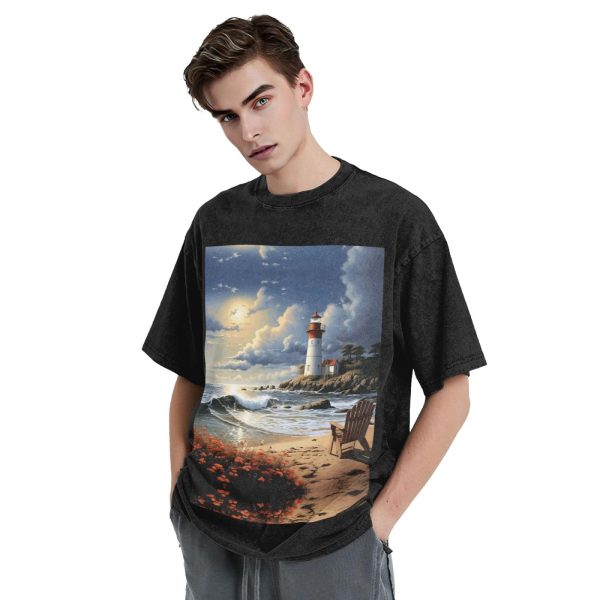Oversized Tshirts for Men Vintage Cotton T-Shirts Sea Lighthouse Sandbeach Short Sleeve Tees Loose Fit Tees Shirts