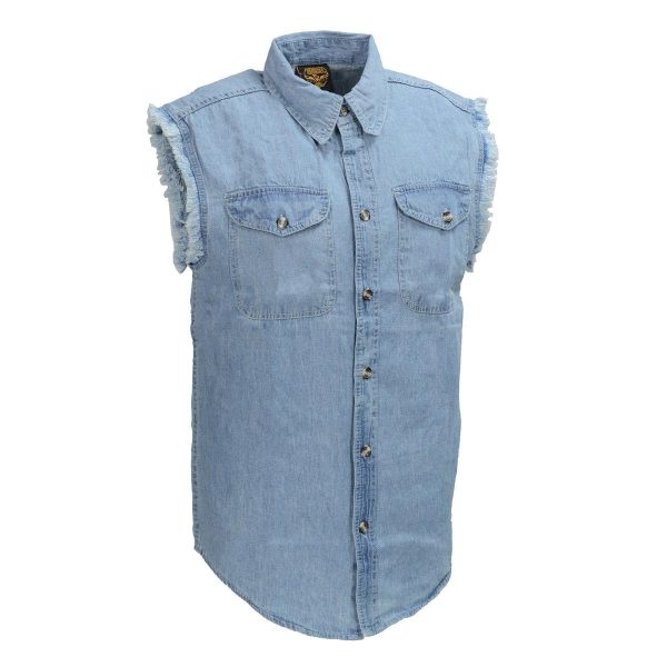DM1001 Men's Blue Lightweight Denim Shirt with Frayed Cut Off Sleeveless Look