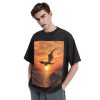 Oversized Tshirts for Men Vintage Cotton T-Shirts Sea Sunset Flying Dragon Short Sleeve Tees Loose Fit Tees Shirts