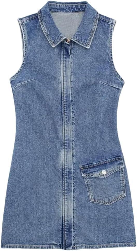 Fashionable Denim Dress for Women Sleeveless Knee Length Retro Casual Jean Dress