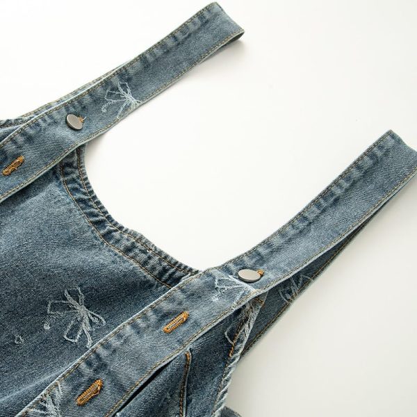 Summer Light Blue Denim Suspender Dress Women Loose Jacquard Casual Vintage Jean Dresses