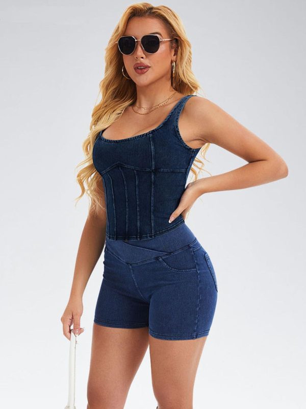 Women's Square Neck Denim Tank Top Summer Going Out Croset Tops Sleeveless Vintage Slim Fit Jean Bustier Shirt