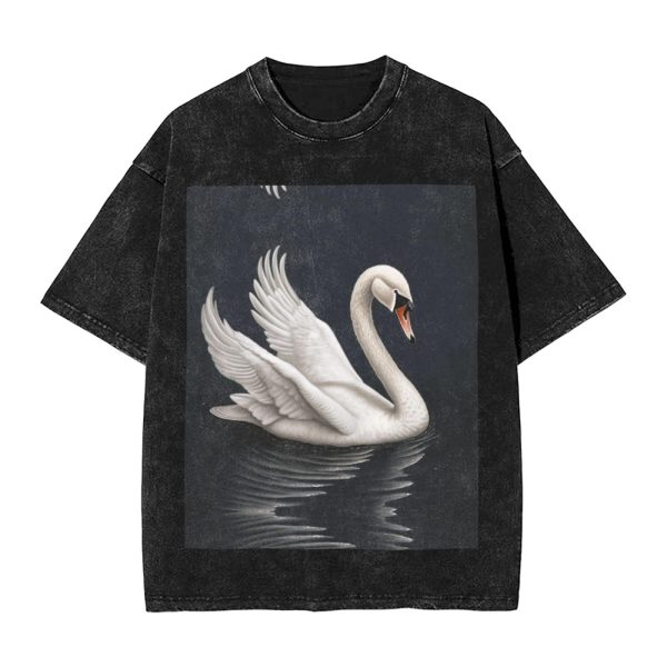 Oversized Tshirts for Men Vintage Cotton T-Shirts White Swan Short Sleeve Tees Loose Fit Tees Shirts