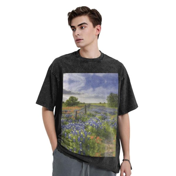 Oversized Tshirts for Men Vintage Cotton T-Shirts Texas Bluebonnets Scenery Short Sleeve Tees Loose Fit Tees Shirts