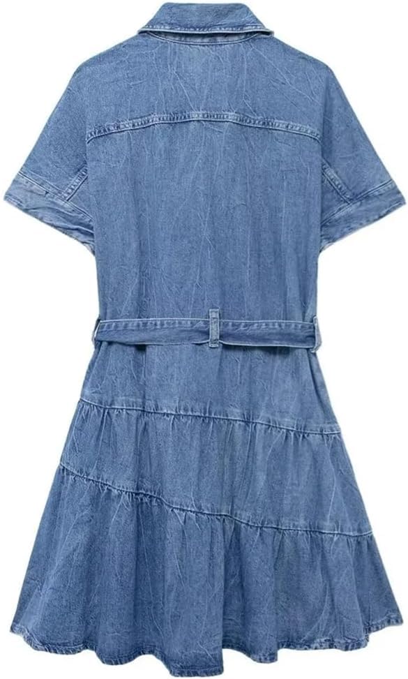 Summer Womens Denim Dress Turn Down Collar Single Breasted Mini Pleated Lace Up Casual Dress