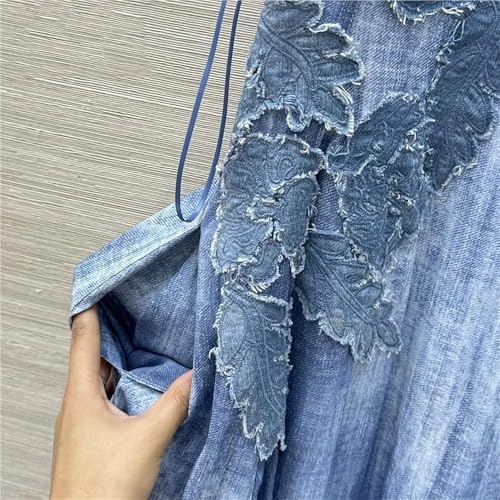Women's Summer Embroidered Denim Spaghetti Strap Asymmetrical Long Slim Fit Casual Gown Elegant Maxi High Waist Wrap Dress