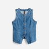 Women Denim Vest Sleeveless Crewneck Button Down Jean Waistcoat Casual Front Slit Slim Denim Tank Top