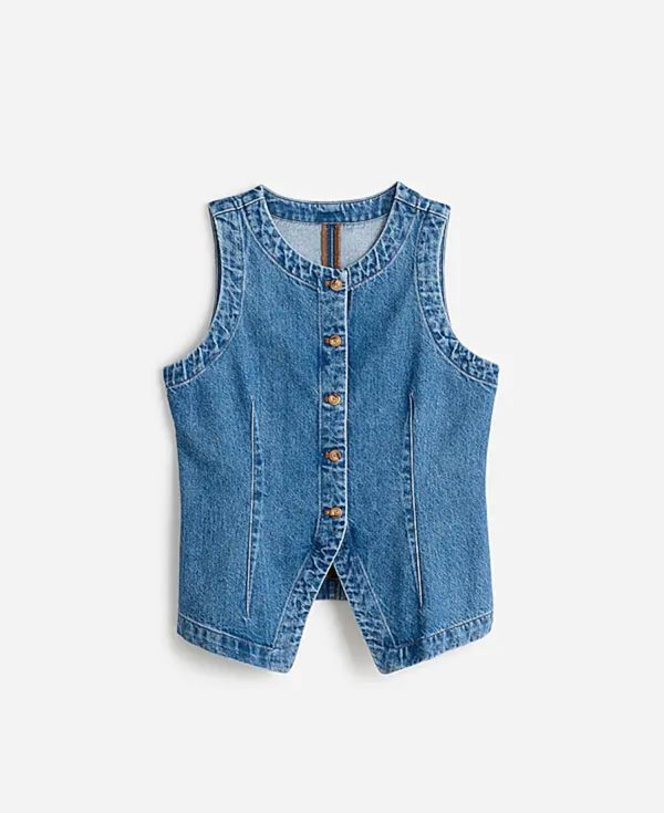 Women Denim Vest Sleeveless Crewneck Button Down Jean Waistcoat Casual Front Slit Slim Denim Tank Top