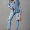 Women Button Down Denim Shirts Casual Long Sleeve V Neck Chambray Blouse Top