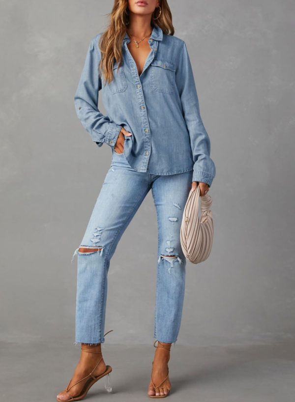 Women Button Down Denim Shirts Casual Long Sleeve V Neck Chambray Blouse Top