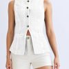 Womens Button Down Denim Vest Trendy Fitted Sleeveless Jean Tank Tops Crew Neck Waistcoat