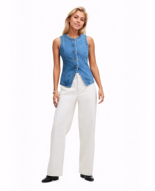 Women Denim Vest Sleeveless Crewneck Button Down Jean Waistcoat Casual Front Slit Slim Denim Tank Top