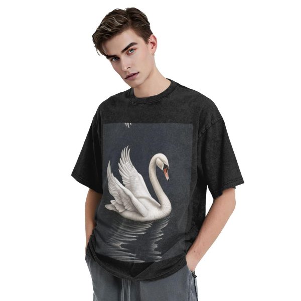 Oversized Tshirts for Men Vintage Cotton T-Shirts White Swan Short Sleeve Tees Loose Fit Tees Shirts