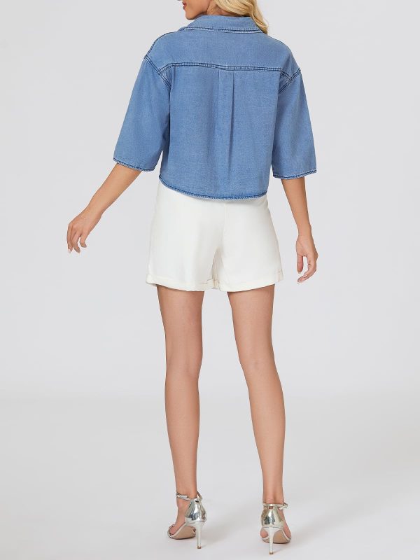 Women's Cropped Denim Shirt Summer Button Down Short Sleeve Casual Jean Jacket with Pocket
