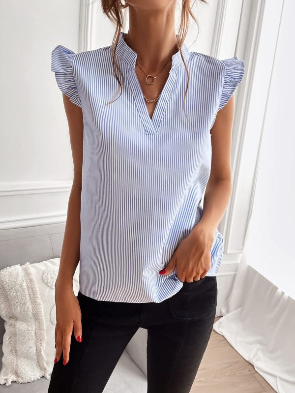Women's Striped Ruffle Cap Sleeve Tops Summer Blouse Tops V Neck Business Causal Outfits for 2025