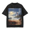 Oversized Tshirts for Men Vintage Cotton T-Shirts Sea Lighthouse Sandbeach Short Sleeve Tees Loose Fit Tees Shirts