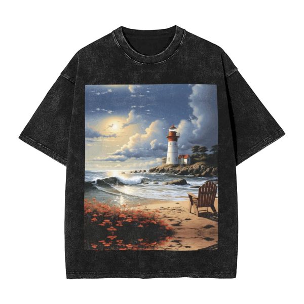 Oversized Tshirts for Men Vintage Cotton T-Shirts Sea Lighthouse Sandbeach Short Sleeve Tees Loose Fit Tees Shirts