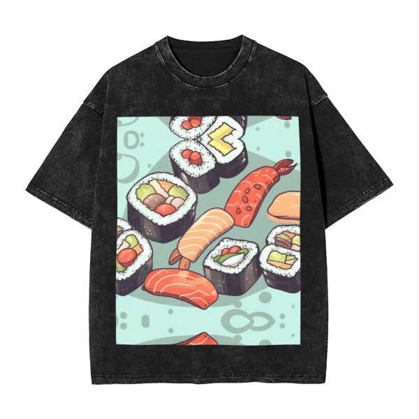 Oversized Tshirts for Men Vintage Cotton T-Shirts Sushi Short Sleeve Tees Loose Fit Tees Shirts