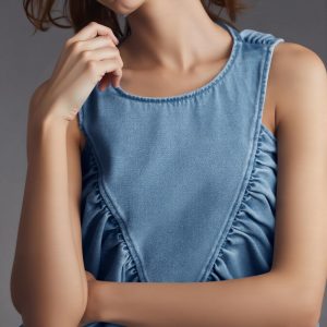 Womens Babydoll Peplum Denim Tank Tops Loose Fit Swing Flowy Shirred Sleeveless T Shirts Going Out Cute Tees