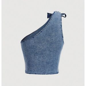 Women's Asymmetrical Neckline Bow Tie Backless Elegant Denim Sleeveless Cami Jean Vest Bustier Crop Tank Tops