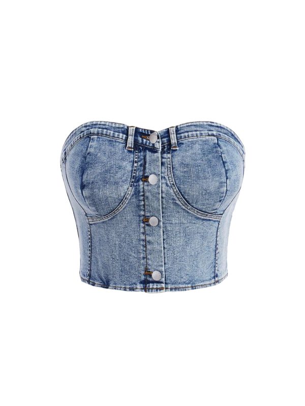 Women's Plus Size Button Down Denim Tube Top Shirred Strapless Jean Tops