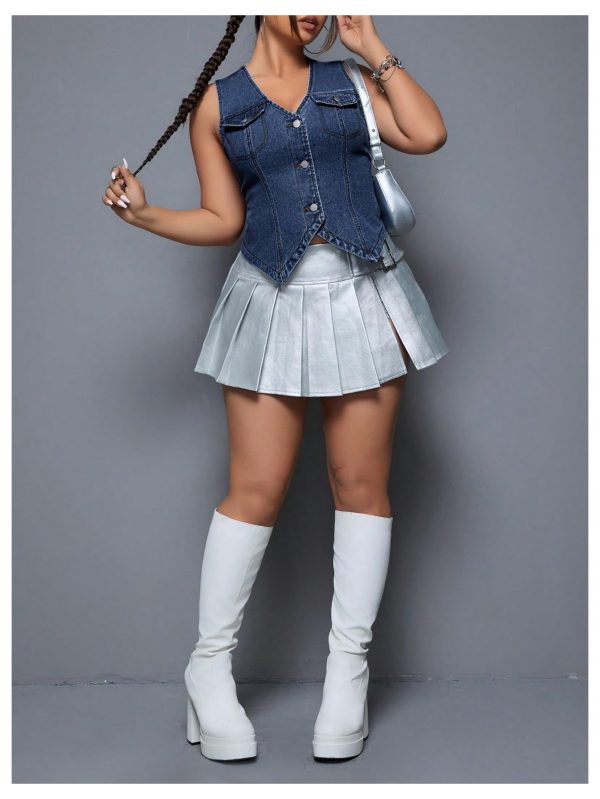 Women's Plus Size Sleeveless Button Down Jean Vest V Neck Denim Jacket