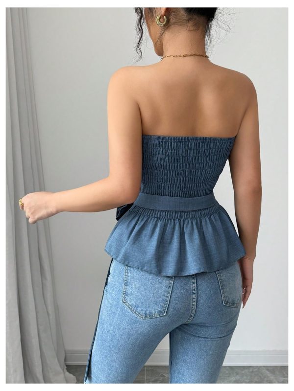 Women's Y2k Strapless Tube Top Sleeveless Smocked Peplum Ruffle 3D Flower Belted Bandeau Tops