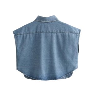 Womens Cropped Button Down Shirt Summer Collared Sleeveless Loose Denim Top with Pockets