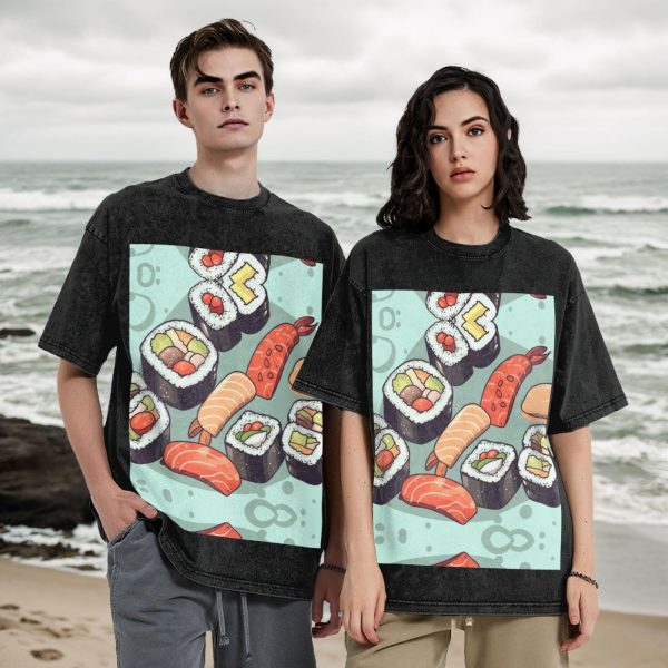 Oversized Tshirts for Men Vintage Cotton T-Shirts Sushi Short Sleeve Tees Loose Fit Tees Shirts