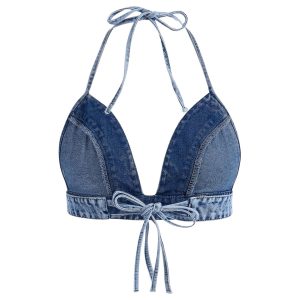 Women's Denim Halter Top Tie Backless Triangle V Neck Sexy Jean Crop Top Country Western Bustier