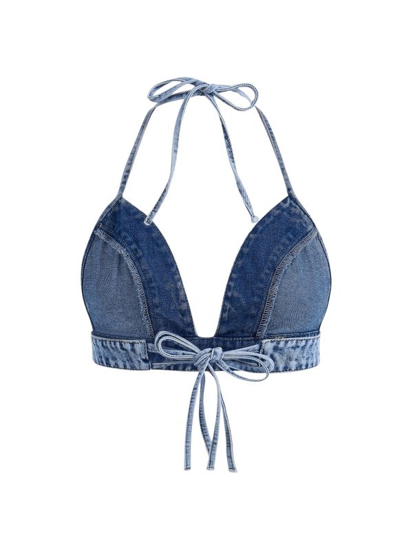 Women's Denim Halter Top Tie Backless Triangle V Neck Sexy Jean Crop Top Country Western Bustier