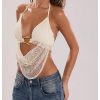 Women's Crochet Halter Top Tie Open Back Metal Ring Draped Front Y2k Rave Festival Tops