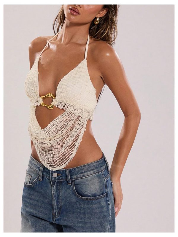 Women's Crochet Halter Top Tie Open Back Metal Ring Draped Front Y2k Rave Festival Tops