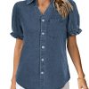 Womens Denim Shirts Button Down Short Puff Sleeve Lightweight Jeans Shirts with Pocket Business Casual Tops