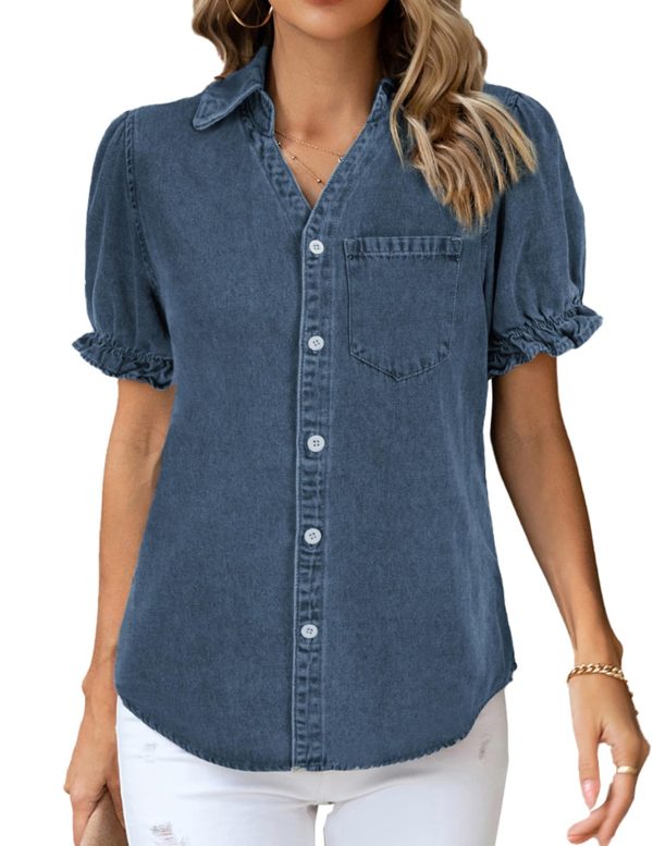 Womens Denim Shirts Button Down Short Puff Sleeve Lightweight Jeans Shirts with Pocket Business Casual Tops