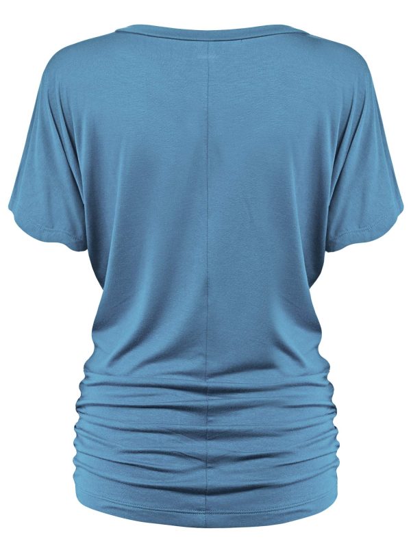 Women's Casual Solid Short Sleeve Boat Neck/V Neck Dolman Top T Shirt with Side Shirring