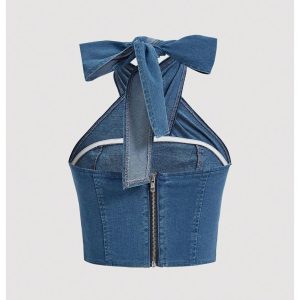 Women's Crisscross Tie Neck Sleeveless Halter Fitted Ruched Denim Tank Top
