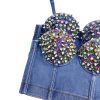 Women Rhinestones Studded Denim Bustier Crop Cami Top Sexy Spaghetti Strap Sleeveless Fashion Jean Corset Top Bra