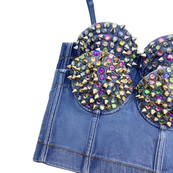 Women Rhinestones Studded Denim Bustier Crop Cami Top Sexy Spaghetti Strap Sleeveless Fashion Jean Corset Top Bra