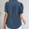Womens Denim Shirts Button Down Short Puff Sleeve Lightweight Jeans Shirts with Pocket Business Casual Tops
