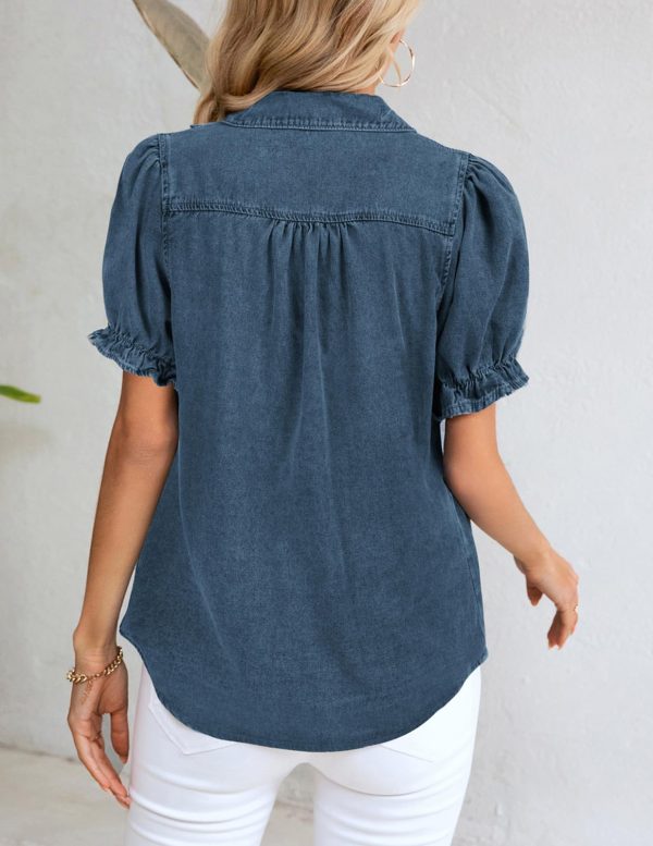 Womens Denim Shirts Button Down Short Puff Sleeve Lightweight Jeans Shirts with Pocket Business Casual Tops