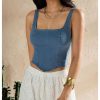 Women's Square Neck Sleeveless Corset Denim Top Zip Back Asymmetrical Hem Tank Top