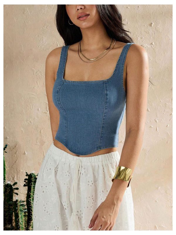 Women's Square Neck Sleeveless Corset Denim Top Zip Back Asymmetrical Hem Tank Top