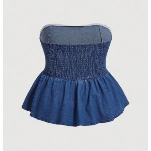 Women's Plus Size Strapless Denim Ruffle Top Camisole Peplum Y2K Jean Tube Tops