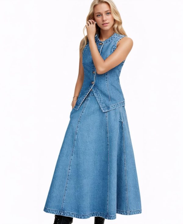 Women Denim Vest Sleeveless Crewneck Button Down Jean Waistcoat Casual Front Slit Slim Denim Tank Top